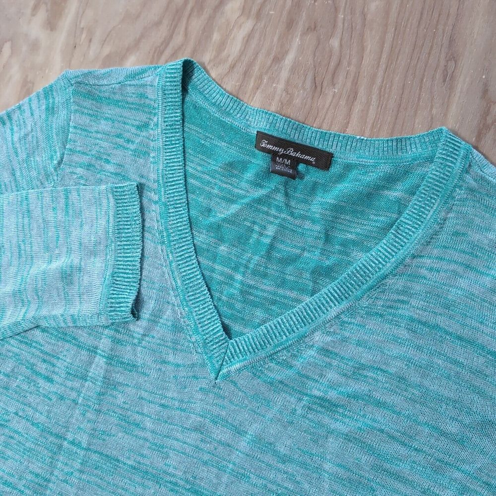 Tommy Bahama Womens Sweater Size Med Linen Nylon Pullover Blue Green Long Sleeve